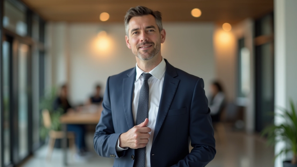 Zakenman geeft elevator pitch presentatie in lobbyscène met professionele achtergrond