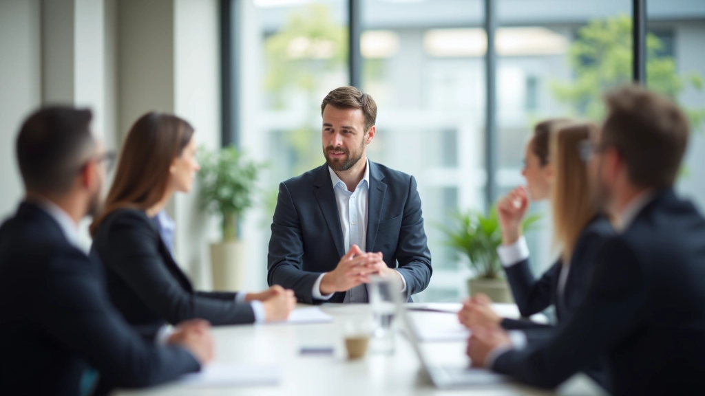 Leider faciliteert vergadering met gemengd team in moderne conferentieruimte