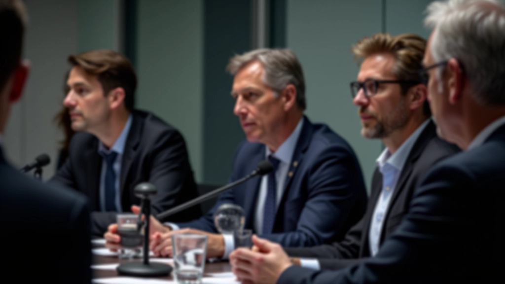 Drie professionals zitten aan tafel en bespreken ideeën tijdens paneldiscussie event