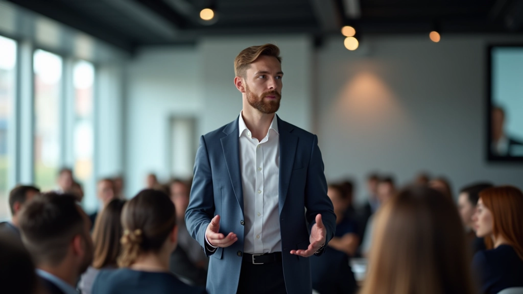 Professionele spreker geeft presentatie voor publiek in moderne vergaderruimte met zelfvertrouwen
