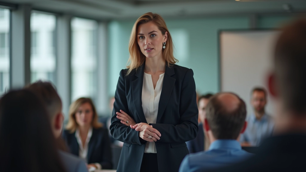 Vrouw staat voor publiek en geeft presentatie met zelfvertrouwen in moderne vergaderruimte