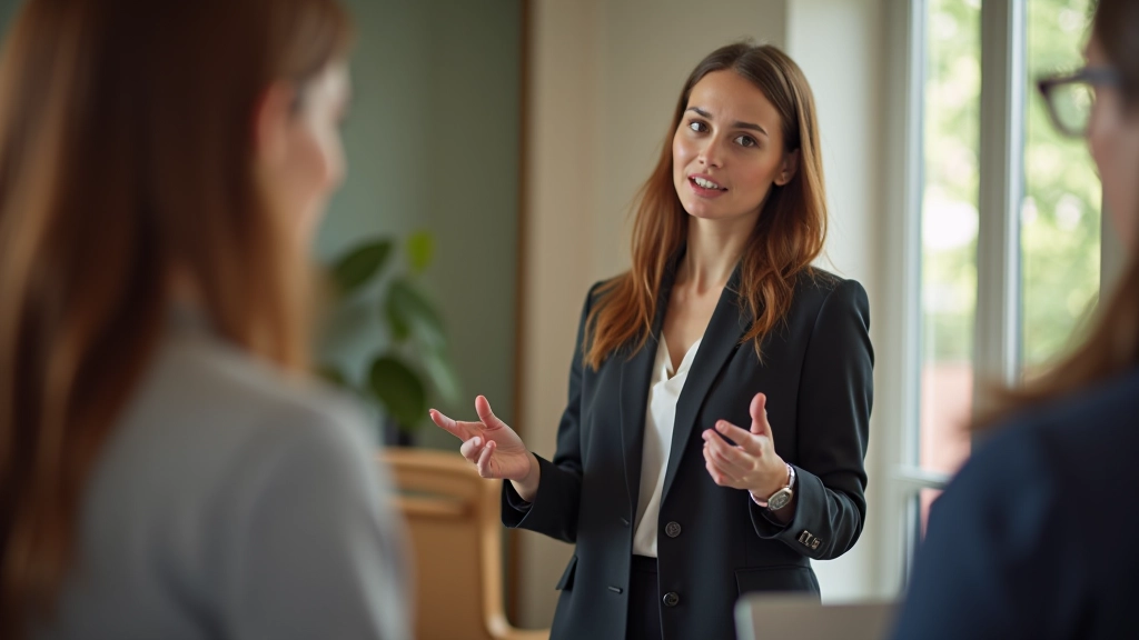 Vrouw leidt brainstormsessie met team in creatieve werkruimte omgeven door ideeën